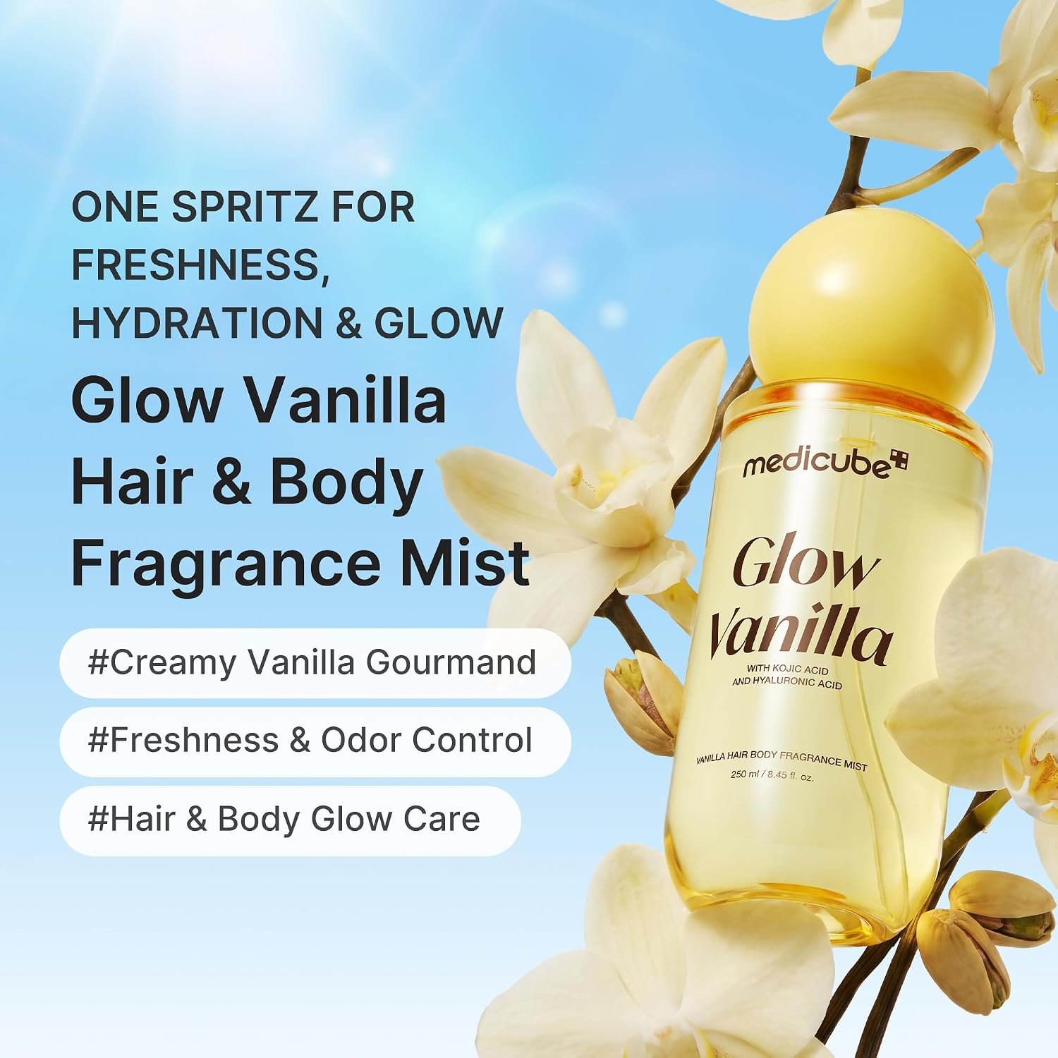 میست خوشبوکننده مو و بدن مدی کیوب Glow Vanilla حجم 100 میلیلیتر نمای میست وانیلا مو و بدن مدی کیوب