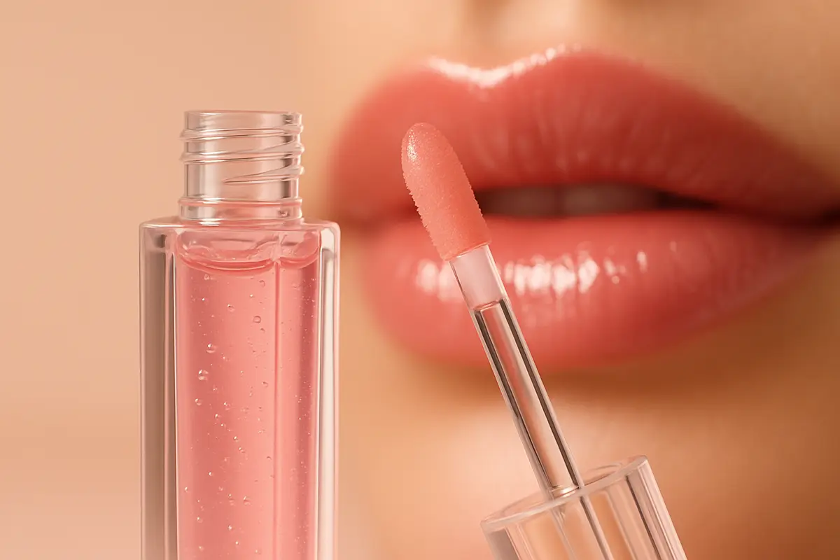 برق لب حرارتی ژلسی با درخشش طبیعی و رنگ صورتی روی لب