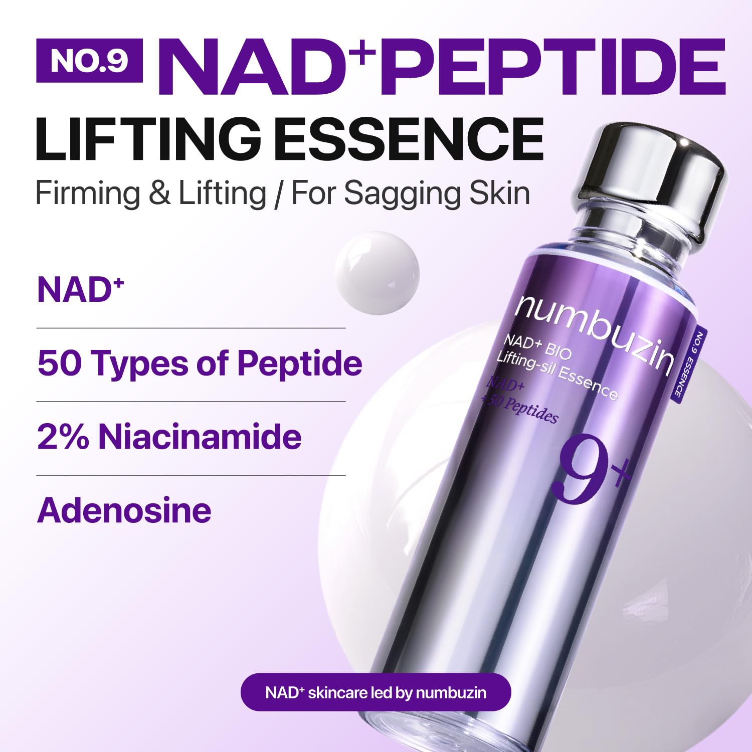 اسنس لیفتینگ نامبوزین شماره ۹ NAD+ BIO حجم ۵۰ میل | Numbuzin No.9 Lifting-sil Essence ویژگی های اسنس نامبوزین شماره 9 NAD+ BIO Lifting-sil و 50 پپتاید